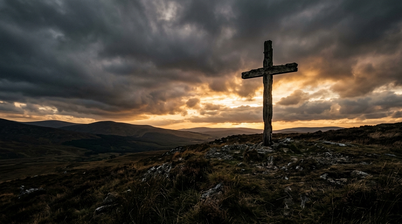 Solitary Cross on Calvary under dramatic twilight skies
